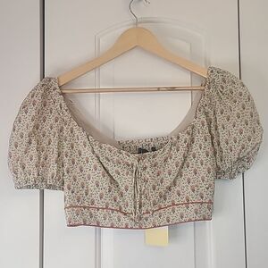 KOURT Smocked Floral Cropped Peasant Puff Sleeve Crop Top Size M